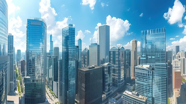 A visually striking image of a bustling financial district with skyscrapers and corporate headquarters