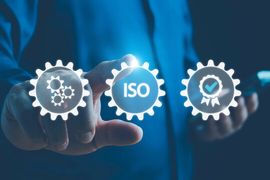 ISO standards quality control, assurance and warranty business technology concept. Touching on screen with ISO and globe icons on smart background. ISO Standard certification. Modern ISO banner.