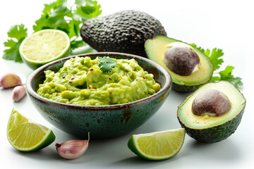 Guacamole sauce in bowl and avocados on white background.