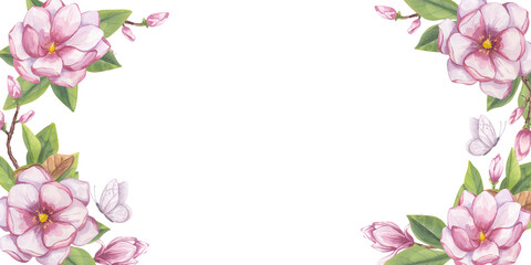 Pink magnolia banner frame. Branch flower, buds, leaves, white butterfly. Blooming floral clipart....