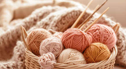 Fototapeta na wymiar Yarn balls in a basket with knitting needles, warm tones