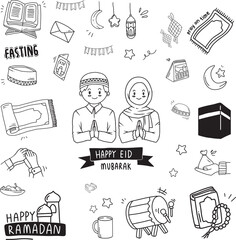 Set of vector doodle element related to Eid. Set of hand drawn symbols and icons for ramadan and holy islamic fest