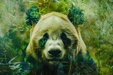 A panda overlaid with the lush green bamboo forest of its habitat in a double exposure