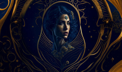 Fototapeta na wymiar Woman with blue hair in Art Nouveau style on black background, gold patterning, Generative AI