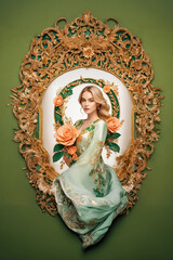 Portrait of a woman in a light green dress with flowers in a baroque frame 