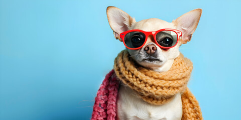 Funny chihuahua dog wearing warm scarf and sunglasses on blue background.
