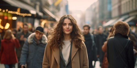 portrait of a beautiful young girl in daylight against the backdrop of a busy city street with many people. A girl with curly dark hair in a beige coat.