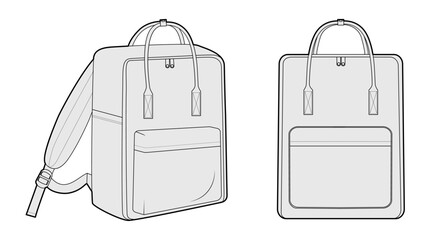 Adventure backpack silhouette bag with handle. Fashion accessory technical illustration. Vector schoolbag front 3-4 view for Men, women, unisex style, flat handbag CAD mockup sketch outline isolated