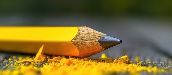 This close-up photo showcases a vibrant yellow pencil placed on a wooden table. The pencil appears sharp and ready for use, with intricate details visible up close.