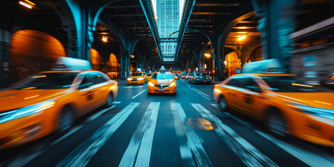 Dynamic Urban Rush: Blurred Motion of Yellow Cabs Under City Bridge - Generative AI.