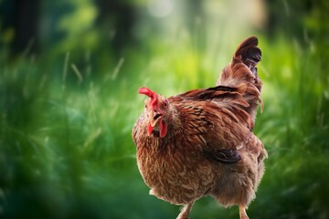 Small farm hen on green grassy field
