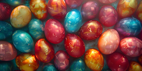 Fototapeta na wymiar Colorful egg tower with gradient colors from top to bottom. Vibrant Collection of Beautifully Crafted Handmade Easter Eggs on Bright Yellow.