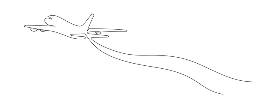 One continuous line drawing of Airplane. Business Concept of world travel and international flight airline in simple linear style. Air plane in Editable stroke. Doodle contour vector illustration
