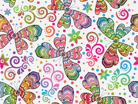 Vector seamless floral pattern with colorful gradient butterflies and fowers in doodle style and dots on a white background