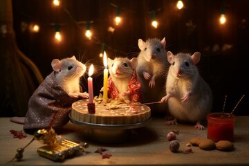 Adorable Cute rats figurines for Chinese new year celebration. Golden small mouse statues for zodiacal festive day. Generate ai - obrazy, fototapety, plakaty