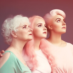 Three women embracing looking into the distance, three generations of women of the same family - a feminist concept. Pink hair, pastel colors, vintage style. Women's empowerment.