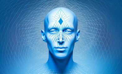 Abstract composition: Androgynous robot head with blue rhombus and intersecting lines on forehead on blue background symbolizing network expansion, AI, future concept. Perfect for background, website.