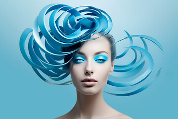 Hyperrealistic Portrait: Girl with Bright Blue Makeup and High Fashion Headdress on Blue Background