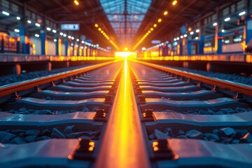 Fototapeta na wymiar Low-angle view of railway tracks inside a train station bathed in the warm glow of sunset