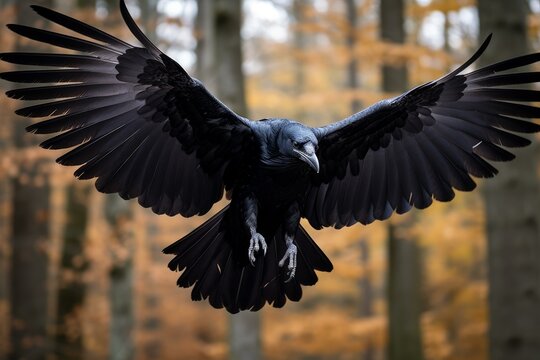 Majestic Raven bird fly closeup. Ink animal. Generate Ai