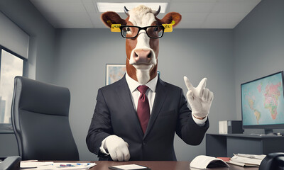 Cow business portrait dressed as a manager or ceo in a formal office business suit with glasses and tie - obrazy, fototapety, plakaty