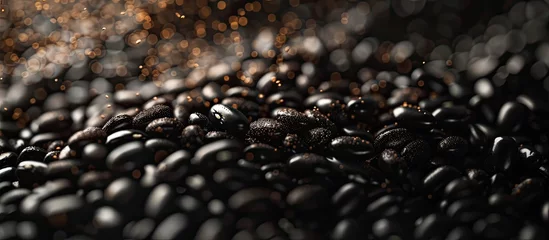 Zelfklevend Fotobehang This close-up shot focuses on a bunch of organic raw black coffee beans, showcasing the intricate details and texture of the individual grains. © 2rogan