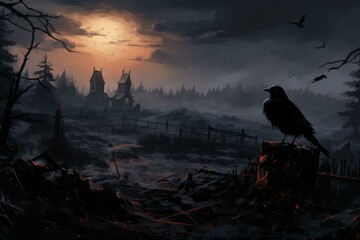 Gothic Raven bird graveyard. Crow ghost. Generate Ai