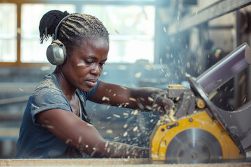 A woman with safety gear using a circular saw to cut a piece of wood in a workshop setting - obrazy, fototapety, plakaty