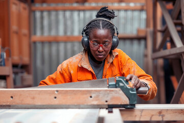 A woman wearing headphones concentrates on working with tools on a wooden surface - obrazy, fototapety, plakaty
