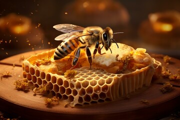 Buzzing Bees inside a hive. Comb frame. Generate Ai