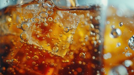 Cola with Ice. Close up of the ice cubes in cola water. Texture of carbonate drink with bubbles
