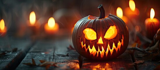 A carved pumpkin with glowing eyes is illuminated by the warm, flickering light of surrounding candles.