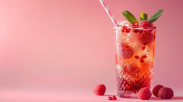 Spring or summer refreshing cold cocktail or mocktail with berries and lemon, raspberry lemonade