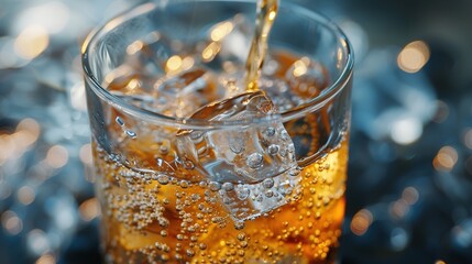 Cola with Ice. Close up of the ice cubes in cola water. Texture of carbonate drink with bubbles