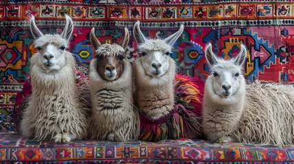 Fotobehang Alpacas in Peruvian colorful ponchos in South America © Marc
