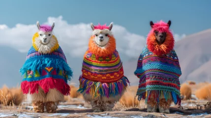 Fensteraufkleber Alpacas in Peruvian colorful ponchos in South America © Marc