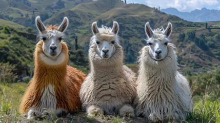 Foto auf Acrylglas Alpacas in Peruvian colorful ponchos in South America © Marc