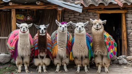 Fototapete Alpacas in Peruvian colorful ponchos in South America © Marc