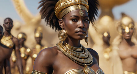 AI generated portrait of an African queen with golden jewelries in a natural environment. 