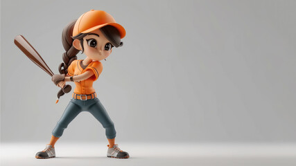 A woman cartoon baseball player in orange jersey with equipment