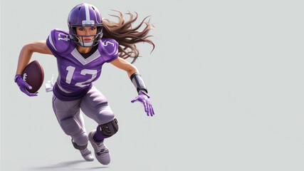 A woman cartoon american football player in purple jersey isolated on gray