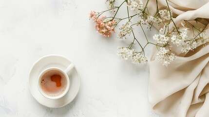 Elegant Morning Tea Setup with Blooming Branches on White Textured Background
