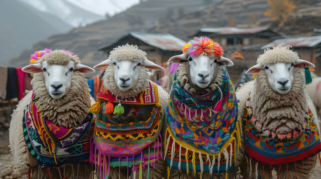 Sweet Sheep with colorful ponchos in Peru