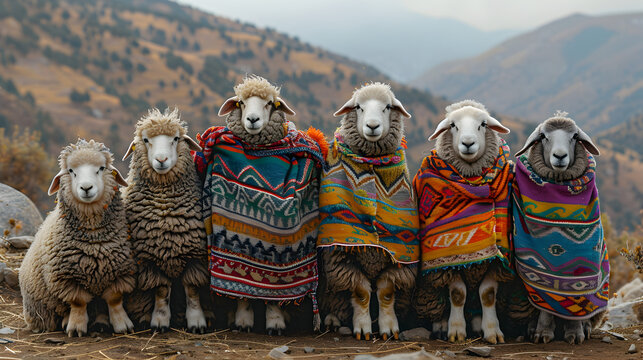 Sweet Sheep with colorful ponchos in Peru