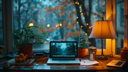 hygge working in the window cozy bokeh lights workspace