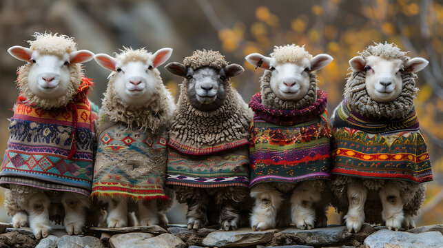 Sweet Sheep with colorful ponchos in Peru