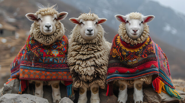 Sweet Sheep with colorful ponchos in Peru