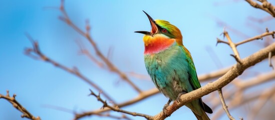 Fototapeta premium A vibrant, colorful songbird sits on top of a tree branch, singing against the backdrop of the sky.