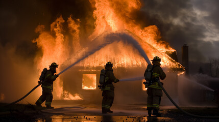 Three Firefighters Hose Down a House Fire