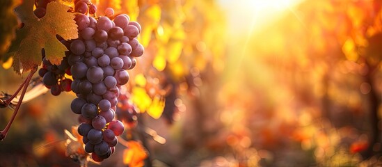 A cluster of grapes hangs from a vine on a sunny day. - obrazy, fototapety, plakaty